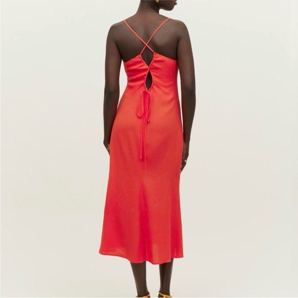 Reformation Rover Dress in ‘Hot Day’ Orange Red Midi tie back Crepe Dress 4